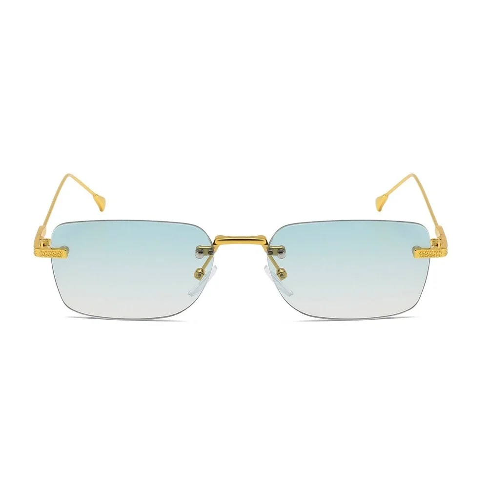 Mens Rimless Rectangular Sunglasses Gold Frame Green Gradient Lens Retro Y2K New